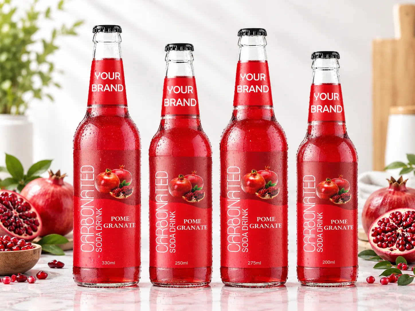 CARBONATED SODA DRINK Pomegranate flavour in 330ml, 250ml, 275ml and 200ml glass bottles.